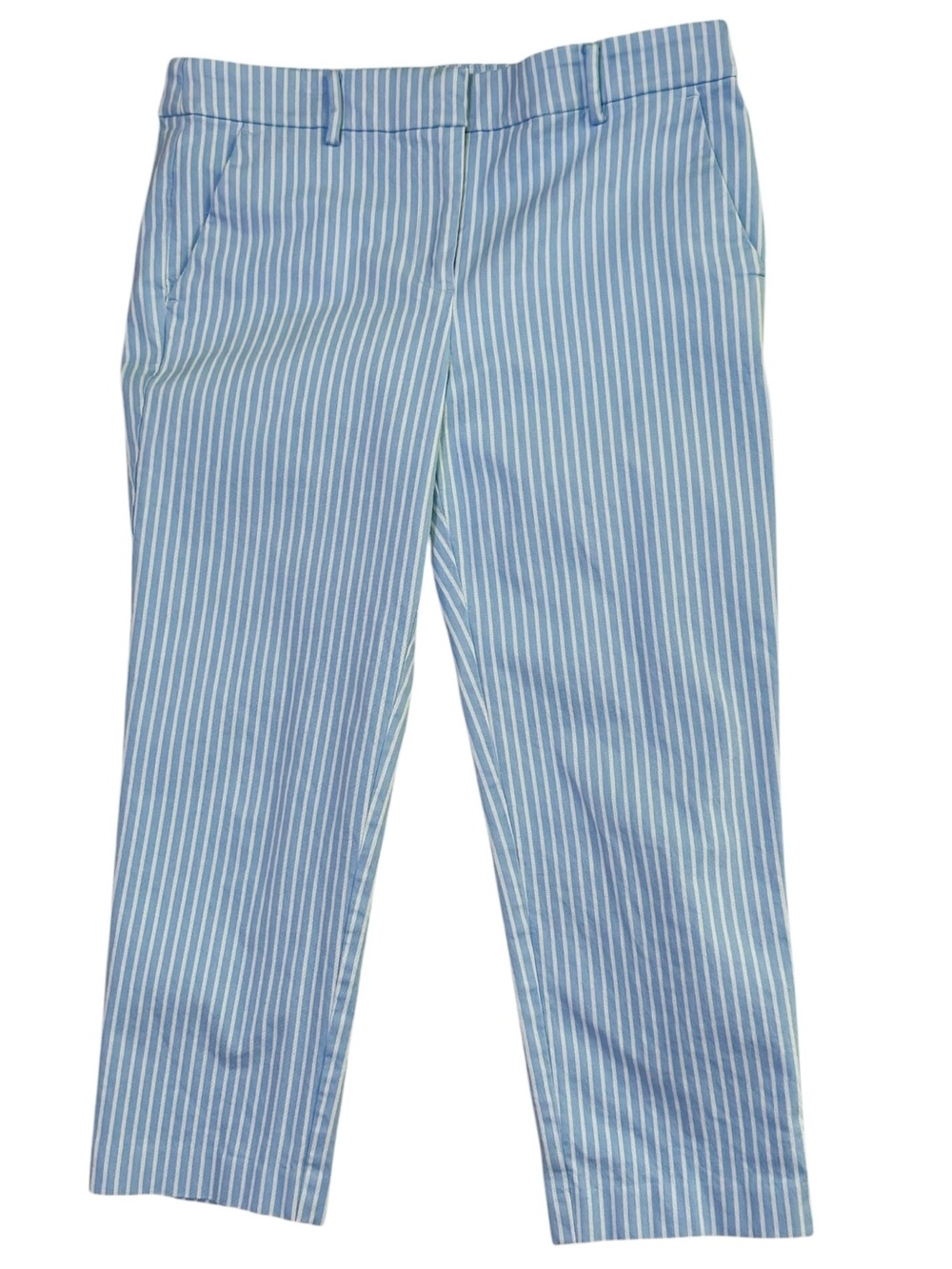 Cotton Blue and White Striped Straight Leg Crop Trousers Size 8 Petite
